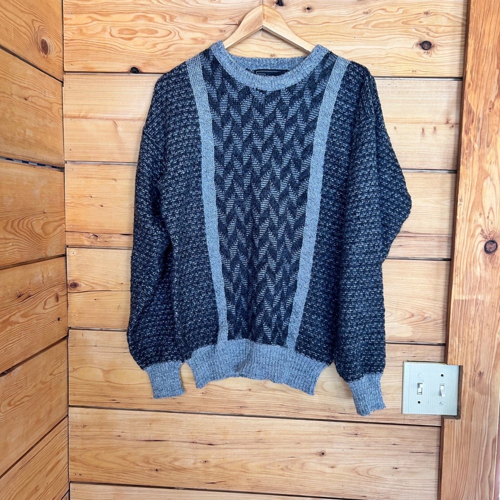 Vintage Geometric Textured Knit Sweater Mens Large Grey Abstract Grunge Sears